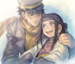  1girl ainu ainu_clothes asirpa bandana black_hair blue_eyes brown_eyes coat earrings facial_scar golden_kamuy hand_on_another's_shoulder hat hoop_earrings jewelry long_hair looking_at_another military military_hat military_uniform open_mouth scar scarf short_hair smile sugimoto_saichi uniform upper_body wide_sleeves yamori_(stom) 