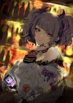  absurdres bangs bare_shoulders black_choker blurry blurry_background cellphone choker closed_mouth commentary_request diagonal_bangs earrings highres holding holding_cellphone holding_hair holding_phone idolmaster idolmaster_shiny_colors jacket jewelry line_(naver) lipstick looking_at_viewer makeup mmmkawaine off_shoulder phone purple_eyes purple_hair purple_lipstick short_twintails smartphone solo spiked_choker spikes tanaka_mamimi twintails 
