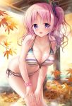  :d autumn_leaves bangs bare_shoulders bikini blush breasts cleavage collarbone commentary_request eyebrows_visible_through_hair hair_ribbon hands_on_legs highres large_breasts leaf leaning_forward long_hair looking_at_viewer maple_leaf one_side_up open_mouth original pink_hair pink_ribbon pink_scrunchie polka_dot polka_dot_scrunchie purple_eyes revision ribbon scrunchie side-tie_bikini smile solo sousouman standing striped striped_bikini swimsuit wet wrist_scrunchie 