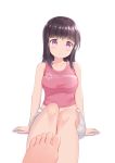  1girl artist_request bare_shoulders black_hair blush breasts capri_pants feet itsuwa legs long_hair looking_at_viewer medium_breasts pants purple_eyes simple_background sitting solo to_aru_majutsu_no_index 