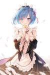  absurdres blue_eyes blue_hair blush breasts crying crying_with_eyes_open detached_sleeves eyebrows_visible_through_hair flower highres holding holding_flower kh_(kh_1128) looking_at_viewer maid medium_breasts parted_lips petals re:zero_kara_hajimeru_isekai_seikatsu rem_(re:zero) short_hair simple_background solo tears white_background 