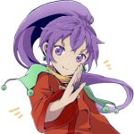  arc_the_lad bangs breasts closed_mouth commentary_request crossed_bangs disconnected_mouth dot_nose earrings fighting_stance green_earrings hand_up high_ponytail jewelry kukuru_(arc_the_lad) long_hair long_sleeves looking_at_viewer purple_eyes purple_hair scarf short_eyebrows simple_background smile solo surume_(surume_8738) upper_body v-shaped_eyebrows very_long_hair white_background wide_sleeves 