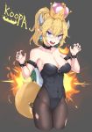  adapted_costume bare_shoulders black_background black_legwear black_leotard black_nails blonde_hair blue_eyes blush bowsette bracelet breasts breathing_fire character_name cleavage collar collarbone commentary covered_navel cropped_legs crown earrings fingernails fire gogongzid high_ponytail highres horns jewelry large_breasts leotard long_fingernails long_hair looking_at_viewer mario_(series) nail_polish new_super_mario_bros._u_deluxe open_mouth pantyhose pointy_ears ponytail sharp_fingernails sharp_teeth solo spiked_armlet spiked_bracelet spiked_collar spiked_shell spiked_tail spikes strapless strapless_leotard super_crown tail teeth torn_clothes torn_legwear turtle_shell upper_body v-shaped_eyebrows 