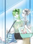  alternate_costume androgynous bag blue_hair colored_eyelashes contemporary crystal_hair easty euclase_(houseki_no_kuni) green_eyes green_hair grey_eyes grey_hair houseki_no_kuni jade_(houseki_no_kuni) long_hair looking_at_another multicolored_hair multiple_others short_hair shorts smile white_skin 