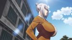  10s animated animated_gif black_legwear bouncing_breasts breasts choker cleavage female grey_hair hair_bun huge_breasts no_bra open_clothes open_shirt prison_school school_uniform shiraki_meiko shirt 