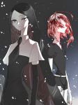  ahoge androgynous black_eyes black_hair bort crystal_hair easty elbow_gloves eyes_visible_through_hair gem_uniform_(houseki_no_kuni) gloves houseki_no_kuni long_bangs long_hair multiple_others necktie red_eyes red_hair serious shinsha_(houseki_no_kuni) short_hair very_long_hair white_skin 