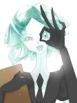  androgynous aqua_eyes aqua_hair clipboard colored_eyelashes crystal_hair easty elbow_gloves eyebrows_visible_through_hair gem_uniform_(houseki_no_kuni) gloves green_eyes green_hair houseki_no_kuni looking_at_viewer necktie one_eye_closed open_mouth phosphophyllite short_hair smile solo upper_body white_background white_skin 