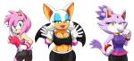  amy_rose anthro bat big_breasts big_butt blaze_the_cat blue_eyes bracelet breasts butt butt_pose cat cleavage clothed clothing dipstick_tail feline female forehead_gem fur gloves green_eyes hair hair_tie hairband hedgehog jewelry looking_at_viewer makeup mammal membranous_wings multicolored_tail pink_fur pink_hair purple_fur purple_hair rouge_the_bat smile sonic_(series) the_chaos_creatures_(scittykitty) white_hair wings yellow_eyes 