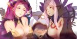  2girls black_gloves breasts check_translation cleavage commentary_request dark_skin detached_collar facial_mark feathers fire_emblem fire_emblem:_kakusei fire_emblem_heroes gloves hand_on_another's_face hat hood hood_up inverse_(fire_emblem) large_breasts loki_(fire_emblem_heroes) long_hair multiple_girls nail_polish oka_(umanihiki) parted_lips purple_eyes purple_hair red_eyes robe silver_hair simple_background summoner_(fire_emblem_heroes) translation_request turtleneck white_background 