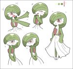  1girl :3 arms_behind_back arms_up black_border blush border closed_mouth color_guide creatures_(company) embarrassed eyebrows_visible_through_hair eyes_closed female flying_sweatdrops from_behind full_body game_freak gardevoir gen_3_pokemon green_hair green_skin hair_over_one_eye hands_on_hips hands_together hands_up happy highres looking_at_viewer multiple_views nintendo no_humans open_mouth outstretched_arms pokemon pokemon_(creature) shiny shiny_hair short_hair simple_background smile standing sweat tazonotanbo two-tone_skin upper_body white_background white_skin 