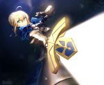  1girl ahoge armor armored_dress artoria_pendragon_(all) blonde_hair blue_dress braided_bun dress excalibur eyebrows_visible_through_hair fate/stay_night fate_(series) floating_hair gauntlets green_eyes hair_between_eyes highres holding holding_sword holding_weapon looking_at_viewer marshall_(wahooo) saber short_hair sidelocks solo sword weapon 