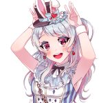  :d alice_in_wonderland animal_ears armpits arms_up bang_dream! bangs black_hat black_neckwear blue_bow blue_hair blush bow bunny_ears bunny_pose chain cosplay dew_(dltmf2266) earrings fake_animal_ears frills hat hat_bow heart heart_earrings jewelry long_hair looking_at_viewer matsubara_kanon neck_ribbon one_side_up open_mouth playing_card_print purple_eyes ribbon signature simple_background sleeveless smile solo striped top_hat upper_body vertical_stripes white_background white_rabbit white_rabbit_(cosplay) wristband 
