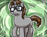  abstract_background big_eyes blue_eyes brown_hair brown_tail digital_media_(artwork) equine eyewear fan_character glasses green_background hair hooves horn looking_at_viewer male mammal my_little_pony pokehidden quadraped signature simple_background solo standing toony unicorn 