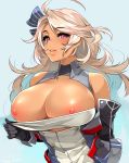  ahoge areolae azur_lane bare_shoulders black_gloves blonde_hair blue_background blush bow breasts brooklyn_(azur_lane) cleavage commentary_request dark_skin elbow_gloves eyebrows_visible_through_hair gloves happa_(cloverppd) high_collar large_breasts long_hair looking_at_viewer nipples parted_lips red_eyes signature solo upper_body very_long_hair wavy_hair 