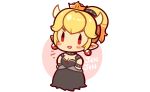  1girl black_dress blonde_hair blush bowsette breasts chibi cleavage dress earrings fang horns jen-jen_rose jewelry mario_(series) new_super_mario_bros._u_deluxe nintendo open_mouth pointy_ears ponytail simple_background solo super_crown white_background 