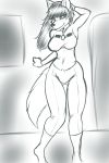  anthro big_breasts bowman&#039;s_wolf breasts butt_from_front canine cheek_tuft clothed clothing florence_ambrose freefall front_view greyscale hair hand_behind_head long_hair mammal monochrome smile solo standing thigh_gap tster tuft wolf 