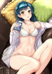  :o armpits bare_legs bare_shoulders blue_hair book bra braid breasts cleavage collarbone commentary couch crown_braid dutch_angle feet_out_of_frame fingernails glint green_eyes grey_skirt highres holding holding_book idolmaster idolmaster_million_live! idolmaster_million_live!_theater_days lipstick long_sleeves looking_at_viewer lying makeup medium_breasts medium_hair nail_polish nanao_yuriko navel off_shoulder on_back on_couch on_side open_clothes open_mouth open_shirt panties pillow pink_lips pink_nails plaid plaid_skirt shiny shiny_hair shirt side-tie_panties skirt skirt_removed solo stomach underwear untied untied_panties white_bra white_panties white_shirt yuzuyu_(hyui) 