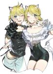  1girl :t animal_ears belt blonde_hair cat_ears choker fake_animal_ears kagamine_len kagamine_rin looking_at_viewer naoko_(naonocoto) ok_sign one_eye_closed project_diva_(series) ruffled_sleeves simple_background thighs v vocaloid 