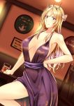  alternate_costume armpits bangs bare_shoulders blonde_hair blue_eyes blush breasts collarbone commentary_request cup dress drinking_glass evening_gown hair_between_eyes hairband hand_on_hip headgear indoors kantai_collection knee_up kuurunaitsu large_breasts long_hair nelson_(kantai_collection) purple_dress sash sideboob sidelocks smile solo stool thighs 