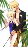  1girl ahoge artoria_pendragon_(all) black_jacket blonde_hair blue_swimsuit blurry_foreground breasts cleavage collarbone competition_swimsuit covered_navel eyebrows_visible_through_hair fate/stay_night fate_(series) gilgamesh green_eyes hair_between_eyes highres jacket long_hair nayu_tundora one-piece_swimsuit open_clothes open_jacket open_mouth ponytail saber shiny shiny_hair shorts sidelocks small_breasts standing swimsuit swimwear wrist_grab yellow_shorts 