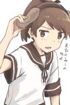  animal_ears brown_eyes brown_hair dog_ears fake_animal_ears headband highres kantai_collection long_hair neck_ribbon ponytail ribbon sailor_collar school_uniform serafuku shikinami_(kantai_collection) simple_background solo translation_request wachi_(hati1186) white_background 