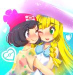  2girls artist_name bangs bare_shoulders beanie black_eyes black_hair blonde_hair blue_background blush braid cheek-to-cheek closed_mouth creatures_(company) dress eye_contact eyebrows_visible_through_hair female floral_print game_freak gradient gradient_background green_eyes hakkasame happy hat heart hug lillie_(pokemon) long_hair looking_at_another matching_hair/eyes mizuki_(pokemon) multiple_girls nintendo nose_blush one_eye_closed open_mouth poke_ball_symbol poke_ball_theme pokemon pokemon_(game) pokemon_sm red_hat shiny shiny_hair shirt short_hair short_sleeves signature simple_background sleeveless sleeveless_dress smile sun_hat tied_hair twitter_username upper_body white_dress white_hat yellow_shirt yuri 