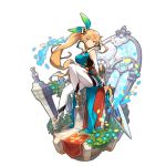  bare_shoulders blonde_hair brown_eyes dragalia_lost elisanne flower full_body gauntlets holding holding_weapon long_hair looking_at_viewer non-web_source official_art petals ponytail solo transparent_background weapon window 