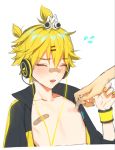  alternate_costume bandaid bandaids_on_nipples blonde_hair blush closed_eyes eyebrows_visible_through_hair hair_ornament hairclip headphones inverted_nipples jacket kagamine_len male_focus naoko_(naonocoto) open_clothes open_jacket open_mouth pasties ponytail project_diva_(series) removing_bandaid stylish_energy_(module) upper_body vocaloid 