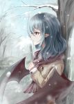  against_tree black_wings blue_hair brown_coat coat day from_side highres long_hair outdoors pointy_ears purple_scarf red_eyes remilia_scarlet scarf snow snowing snozaki solo touhou tree upper_body wings 