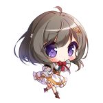  :o ahoge azur_lane bangs big_head black_footwear blush boots bow bowtie brown_hair capelet chibi cross-laced_footwear dress eyebrows_visible_through_hair frilled_dress frills full_body hair_between_eyes hair_ornament hairclip hand_up lace-up_boots long_hair long_sleeves parted_lips purple_eyes red_neckwear ryuuka_sane simple_background sleeves_past_wrists solo standing standing_on_one_leg tai_yuan_(azur_lane) white_background white_capelet white_dress 