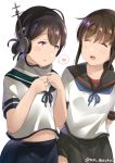  :d ^_^ ^o^ arms_behind_back black_hair black_sailor_collar black_skirt blue_ribbon blush_stickers brown_hair closed_eyes commentary_request cosplay eye_color_request folded_ponytail fubuki_(kantai_collection) fubuki_(kantai_collection)_(cosplay) hair_ribbon headphones heart juurouta kantai_collection kasuga_maru_(kantai_collection) long_hair looking_at_another low_ponytail midriff multiple_girls navel open_mouth pleated_skirt remodel_(kantai_collection) ribbon sailor_collar scarf school_uniform serafuku short_sleeves sidelocks signature simple_background single_horizontal_stripe skirt smile spoken_heart taiyou_(kantai_collection) twitter_username white_background 