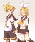  1girl aqua_eyes arm_tattoo bare_shoulders blonde_hair blush bow brother_and_sister crop_top detached_sleeves embarrassed hair_bow hair_ornament hairclip headphones headset holding_hands incest kagamine_len kagamine_rin leg_warmers looking_at_another midriff navel necktie nervous number_tattoo reki_(arequa) sailor_collar short_hair short_ponytail shorts siblings sweat sweatdrop tattoo trembling twincest twins vibrator_under_clothes vocaloid 