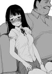  1girl after_sex between_legs blush glasses greyscale hand_between_legs highres licking_lips long_hair looking_to_the_side monochrome obese original sakaki_imasato saliva sitting skirt sweat tongue tongue_out ugly_man watch wristwatch 