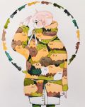  animal_print blush brown_cat cat cat_print cowboy_shot drawstring green_cat green_eyes hand_up highres hood hoodie long_sleeves looking_to_the_side maruti_bitamin orange_cat original pale_skin pink_hair profile short_hair solo white_cat 