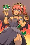  1girl black_dress black_legwear bowsette bracelet breasts cleavage collar dark_skin dress fangs fire garter_straps horns jen-jen_rose jewelry large_breasts looking_at_viewer mario_(series) nail_polish new_super_mario_bros._u_deluxe nintendo open_mouth ponytail red_eyes red_hair smile solo spiked_armlet spiked_bracelet spiked_collar spiked_shell spiked_tail spikes standing super_crown thighhighs thighs turtle_shell 