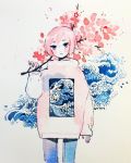  blush branch cowboy_shot highres holding holding_branch long_sleeves looking_at_viewer maruti_bitamin original pink_hair purple_eyes short_hair solo wave_print waves 