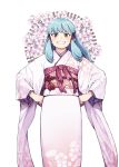  blue_hair brown_eyes commentary_request floral_print flower grin hair_tubes hamada_yoshikazu hands_on_hips highres japanese_clothes kimono kiriha_(tsugumomo) long_hair long_sleeves looking_at_viewer obi official_art pointy_ears print_kimono sash simple_background smile solo tsugumomo white_background wide_sleeves 