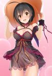  ahoge ass_visible_through_thighs bangs bare_shoulders black_dress black_hair blush breasts brown_eyes choker cleavage collarbone commentary_request covered_navel covered_nipples dress eyebrows_visible_through_hair fangs frilled_dress frills halloween hat highres idolmaster idolmaster_cinderella_girls kazu kohinata_miho looking_at_viewer medium_breasts navel no_panties open_mouth pussy ribbon see-through short_hair sleeveless sleeveless_dress smile solo standing witch_hat wrist_ribbon 