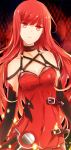  black_sleeves breasts choker cleavage collarbone covered_navel crimson_avenger_(elsword) detached_sleeves elesis_(elsword) elsword eyebrows_visible_through_hair floating_hair long_hair looking_at_viewer medium_breasts red_eyes red_hair shiny shiny_hair shoku_(dumplings) solo upper_body very_long_hair 