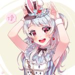  :d alice_in_wonderland animal_ears armpits arms_up bang_dream! bangs black_hat black_neckwear blue_bow blue_hair blush bow bunny_ears bunny_pose chain cosplay dew_(dltmf2266) earrings fake_animal_ears frills hat hat_bow heart heart_earrings jewelry long_hair looking_at_viewer matsubara_kanon musical_note neck_ribbon one_side_up open_mouth playing_card_print purple_eyes ribbon signature sleeveless smile solo spoken_musical_note striped top_hat upper_body vertical_stripes white_rabbit white_rabbit_(cosplay) wristband 