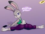  2018 3_toes anthro breasts buckteeth butt camel_toe cheek_tuft clothed clothing crop_top dialogue dipstick_ears disney female fully_clothed fur judy_hopps lagomorph looking_at_viewer looking_back mammal multicolored_fur neronova open_mouth purple_eyes rabbit rear_view shirt simple_background solo splits spread_legs spreading talking_to_viewer teeth tight_clothing toes tuft two_tone_fur yoga zootopia 