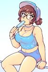  1girl bare_arms baseball_cap blue_background blush breasts brown_eyes brown_hair choker cleavage collarbone denim denim_shorts eyebrows_visible_through_hair food glasses gradient gradient_background hat heart heart-shaped_pupils jen-jen_rose medium_breasts mei_(overwatch) midriff navel popsicle short_hair shorts sitting solo symbol-shaped_pupils tank_top 