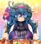  +_+ 1girl @_@ ahoge al_bhed_eyes artist_name bangs bare_shoulders blue_hair blue_outline boned_meat bread breasts broccoli closed_mouth creatures_(company) cup drink drinking_glass drooling eating eyes_closed female fingernails food fork game_freak gen_1_pokemon gengar hair_between_eyes hakkasame hands_up happy heart heart_ahoge hex_maniac_(pokemon) holding ice ice_cube knife large_breasts long_hair looking_down meat messy_hair musical_note nail_polish nintendo npc_trainer open_mouth plate pokemon pokemon_(creature) pokemon_(game) pokemon_xy potato purple_eyes purple_nails red_sclera saliva shiny shiny_hair signature sleeveless smile solo_focus steam turtleneck twitter_username 