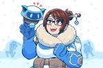  1girl 2boys blue_gloves blush breasts brown_eyes brown_hair elbow_gloves eyebrows_visible_through_hair genji_(overwatch) glasses gloves hair_bun hair_ornament happy jen-jen_rose large_breasts mccree_(overwatch) mei_(overwatch) multiple_boys open_mouth overwatch robot simple_background smile snowball_(overwatch) upper_body white_background 