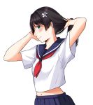  adjusting_hair arms_up bangs black_hair blouse blue_skirt blush closed_mouth commentary_request eyebrows_visible_through_hair flower green_eyes hair_flower hair_ornament hand_on_own_face highres long_hair looking_at_viewer midriff mikemaru_(kamijou6349) navel neckerchief partial_commentary pleated_skirt red_neckwear sakugawa_school_uniform saten_ruiko school_uniform serafuku short_sleeves simple_background skirt smile solo standing to_aru_kagaku_no_railgun to_aru_majutsu_no_index upper_body white_background white_blouse 