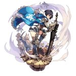  armor black_hair breasts brown_eyes cape celliera dragalia_lost flying full_body gauntlets holding holding_sword holding_weapon hood large_breasts leaning_forward non-web_source official_art short_hair solo stepping sword thighhighs transparent_background weapon 