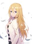  blonde_hair blue_eyes floating_hair hair_between_eyes heart highres long_hair looking_at_viewer open_clothes open_mouth open_shirt rachel_gardner satsuriku_no_tenshi shirt solo soyubee striped striped_shirt upper_body very_long_hair white_shirt 