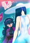  2girls @_@ al_bhed_eyes artist_name ass bangs bare_shoulders black_eyes black_hair blue_background blush breasts character_request creatures_(company) dress drooling female from_behind game_freak gen_1_pokemon gengar hair_between_eyes hakkasame hat heart hex_maniac_(pokemon) highres large_breasts long_hair long_sleeves looking_at_another looking_up messy_hair multiple_girls nintendo no_bra nose_blush npc_trainer open_mouth pokemon pokemon_(creature) pokemon_(game) pokemon_xy purple_dress purple_eyes red_sclera saliva shiny shiny_hair sideboob signature simple_background sleeveless sleeveless_dress speech_bubble spoken_heart standing sun_hat sweat teeth turtleneck twitter_username very_long_hair wavy_mouth white_dress white_hat 