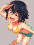  ;d bangs bare_arms bikini bikini_shorts black_hair braid breasts cleavage commentary dutch_angle eyebrows_visible_through_hair girls_und_panzer green_bikini_bottom grey_background hair_between_eyes leaning_forward medium_breasts one_eye_closed open_mouth pepperoni_(girls_und_panzer) salute sayshownen short_braid shorts side_braid simple_background single_braid smile solo standing swimsuit yellow_bikini_top yellow_eyes 