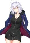  ahoge bangs black_dress blue_jacket breasts cleavage collarbone commentary_request cowboy_shot dress eyebrows_visible_through_hair fate/grand_order fate_(series) fur_trim hair_between_eyes head_tilt highres jacket jeanne_d'arc_(alter)_(fate) jeanne_d'arc_(fate)_(all) jewelry large_breasts long_sleeves looking_at_viewer open_clothes open_jacket parted_lips pendant piro_(iiiiiiiiii) shiny shiny_skin short_dress short_hair silver_hair simple_background solo standing thighs white_background wicked_dragon_witch_ver._shinjuku_1999 yellow_eyes 